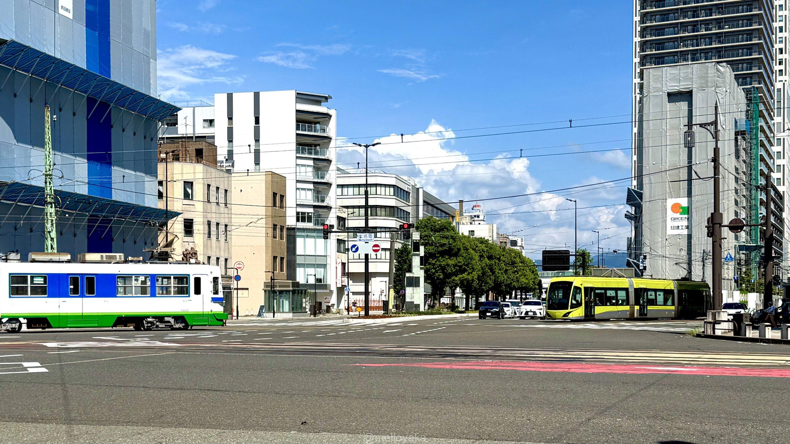 福井駅前を走る路面電車とビルが並ぶ街並み電車と都市景観